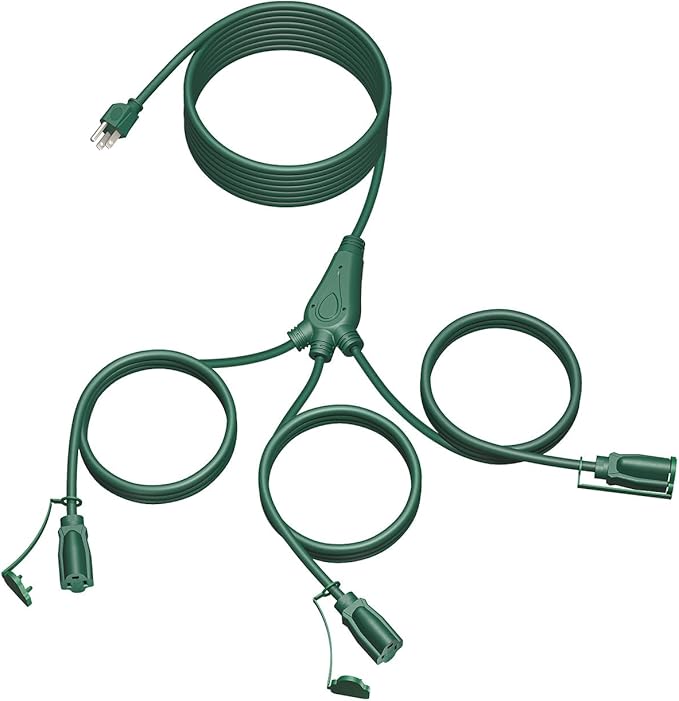 28 Ft Outdoor Power Cord, 1 to 3 Splitter Heavy Duty Weatherproof Extension Cord, 16/3 SJTW, 3 Grounded Outlets Flat Plug for Patio, Garden Displays, Lights, Green ﻿