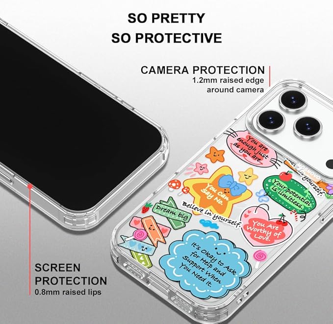 MOSNOVO for iPhone 17 Pro Case, Shockproof Military-Grade Protection 6.6ft Drop Tested, Camera Control, Clear Phone Case for iPhone 17 Pro, Self Love Club Design