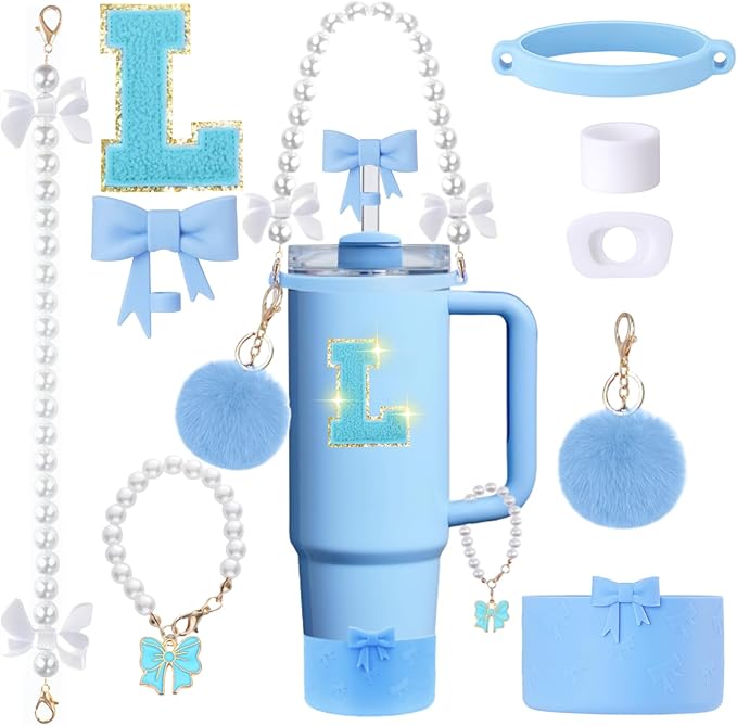 9pcs Stanley Cup Accessories Set- for 30oz 40oz Tumblers with Handle - Bule Kit Includes Bow Straw Topper and Boot, Charm, Pearl Handle Strap & Stickers - Aesthetic Girl Gifts (L)