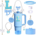 9pcs Stanley Cup Accessories Set- for 30oz 40oz Tumblers with Handle - Bule Kit Includes Bow Straw Topper and Boot, Charm, Pearl Handle Strap & Stickers - Aesthetic Girl Gifts (L)