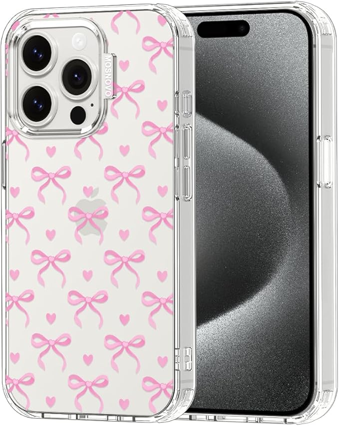 MOSNOVO Case for iPhone 15 Pro, [Buffertech 6.6ft Military-Grade Drop Protection] [Anti Peel Off Tech] Clear TPU Bumper Phone Case Cover Design - Bowtiful Love
