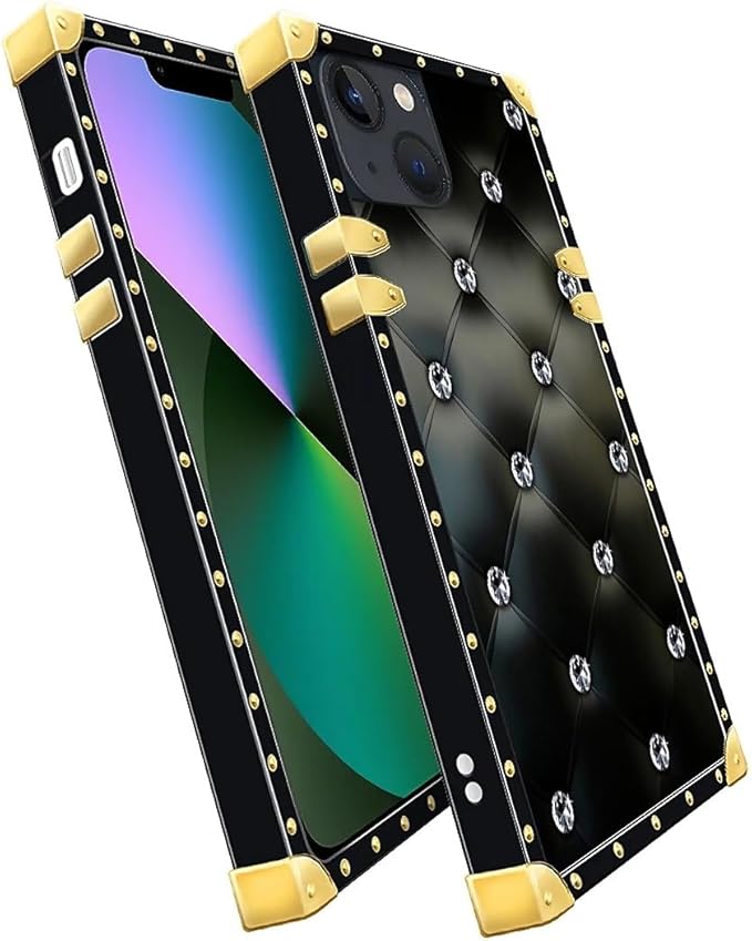 Compatible with iPhone 13 Case, Shiny Black Sofa Crystal Luxury Golden Decoration for Girl Women Soft TPU Shockproof Protective Hard PC Back for iPhone 13