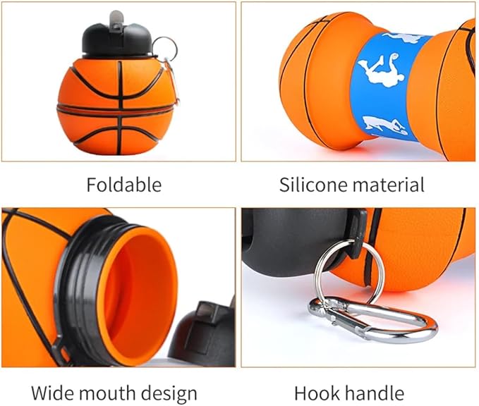 Soccer Water Bottle, 34oz Collapsible Silicone BPA-Free Kids Sports Bottle, Basketball Design, Perfect for Cycling, Travel, Hiking