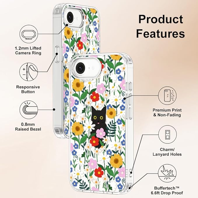 MOSNOVO for iPhone 17e Case/iPhone 16e Case, Shockproof Military-Grade Protection 6.6ft Drop Tested, Clear Phone Case for iPhone 16e / iPhone 17e, Black Cat in Garden Design