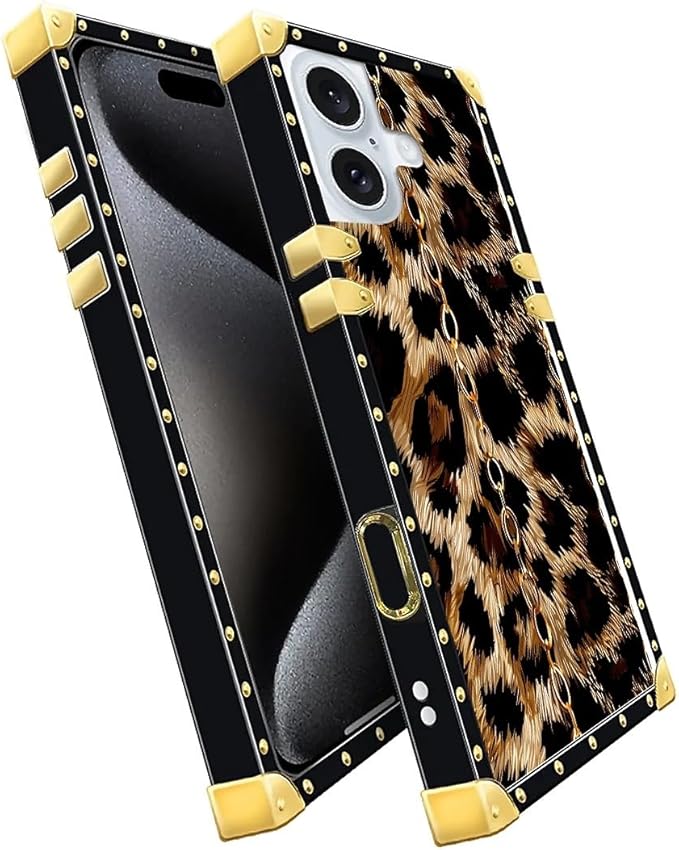 Compatible with iPhone 16 Case, Seamless Gold Chain Leopard Luxury Golden Decoration for Girl Women Soft TPU Shockproof Protective Hard PC Back