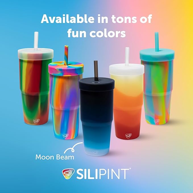 Silipint 32oz Silicone Straw Tumbler – BPA-Free, Non-Toxic, Unbreakable, Microwave, Dishwasher Safe – Perfect for Tea, Cold Water, Smoothies, Moon Beam - Pack of 2
