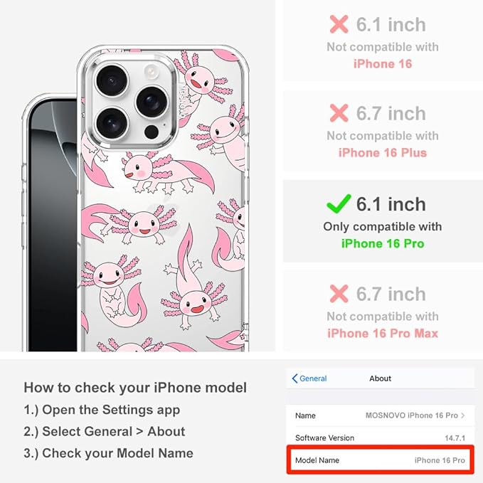MOSNOVO Case for iPhone 16 Pro, [Buffertech 6.6ft Military-Grade Drop Protection] [Anti Peel Off Tech] Clear TPU Bumper Phone Case Cover Design - Pink Axolotl