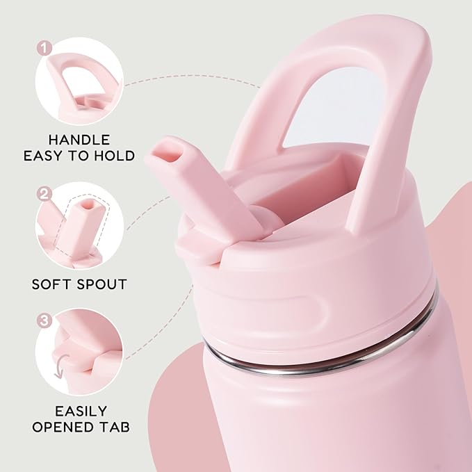 Fijinhom 12oz Kids Water Bottle for School, Toddler Bottles with Straws, Stainless Steel Vacuum Insulated Water Bottle for Boys&Girls, Leak-Proof, BPA-Free, Pink