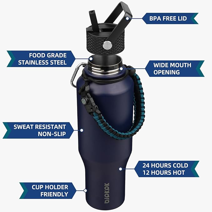 BJPKPK Insulated Water Bottles with Straw Lid, 35oz Metal Water Bottle with 2 lids & Paracord Strap, Double Wall Stainless Steel Vacuum Tumblers, Cups, Mugs, Thermo for Hot& Cold Drinks, Navy Blue