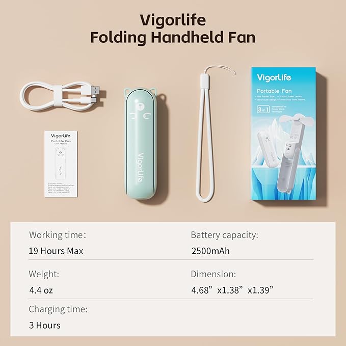 Mini Handheld Fan,USB Rechargeable 3 IN 1 Personal Cooler Fans with Power Bank,LED Flashlight,Small Foldable Portable Pocket Fan-Travel & Emergency Essentials for Outdoor Cyan