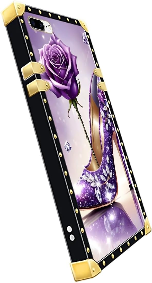 Compatible with iPhone 8 Plus 7 Plus Case, High Heeled Purple Diamond Rose Luxury Golden Decoration for Girl Women Soft TPU Shockproof Protective Hard PC Back for iPhone 8 Plus 7 Plus