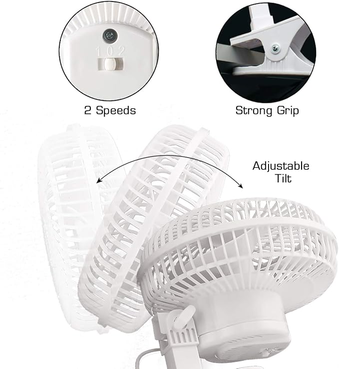 Hurricane Classic 6 Inch Clip Fan, 2 Speed Portable Desk Table Fan with Tilt, White