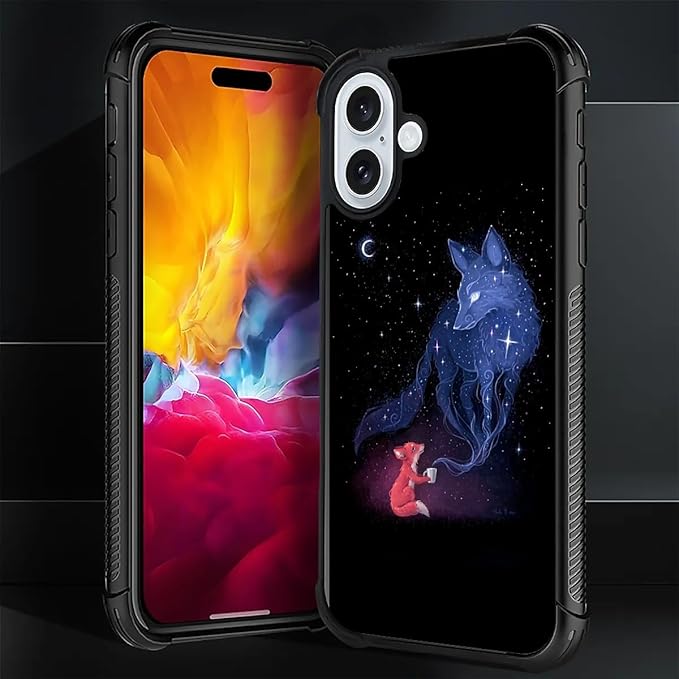 for iPhone 16 Case, Galaxy Fox Wolf Pattern Graphic Design Girl Boy Soft Silicone Hard Acrylic Shock Protection for iPhone 16