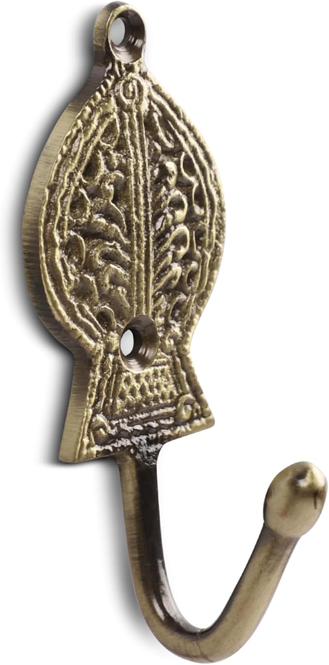 FAPBADRI Multipurpose Hooks, Used to Hang Clothes, Bags, Coats, Curtain Hold Backs, Keys, Colour - Antique Gold, Material - Brass, Retro Design, Screws and Wallplugs Included, Pack of 2 Pieces
