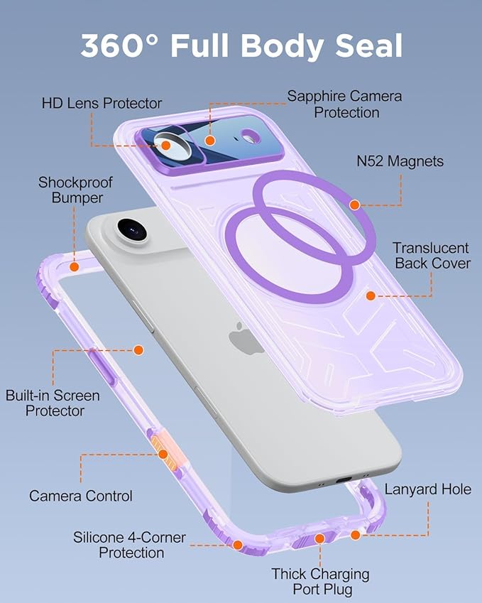 for iPhone Air Waterproof Case with Magsafe, Built-in [Camera & Screen Protector] [Lanyard], IP68 Water Proof Full Body Dustproof Heavy Duty Frosted Protective Phone Cover, 6.7" Purple