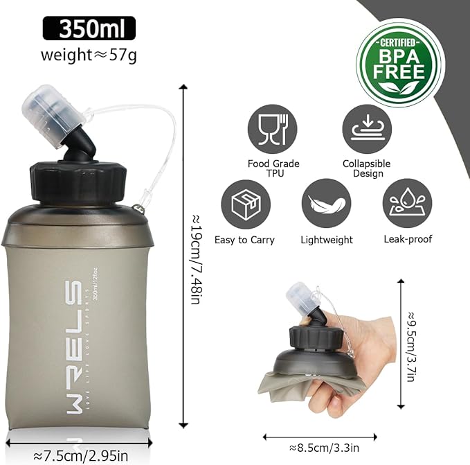 WRELS 350ml/500ml TPU Soft Water Bottles BPA Free Collapsible Soft Flask with Widen Mouth for Running Vest Lightweight Foldable Water Bottle for Running Marathon Trail Hiking