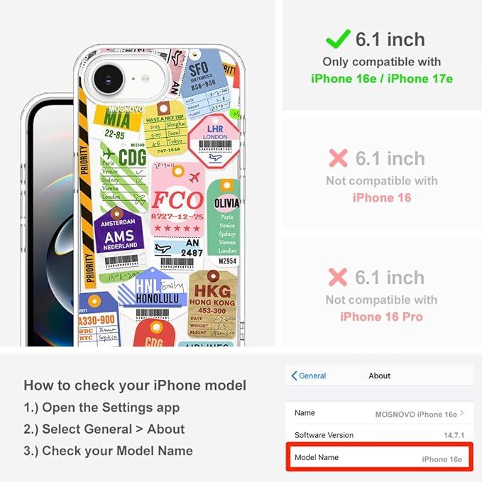 MOSNOVO for iPhone 17e Case/iPhone 16e Case, Shockproof Military-Grade Protection 6.6ft Drop Tested, Clear Phone Case for iPhone 16e / iPhone 17e, Air Ticket Labels Design