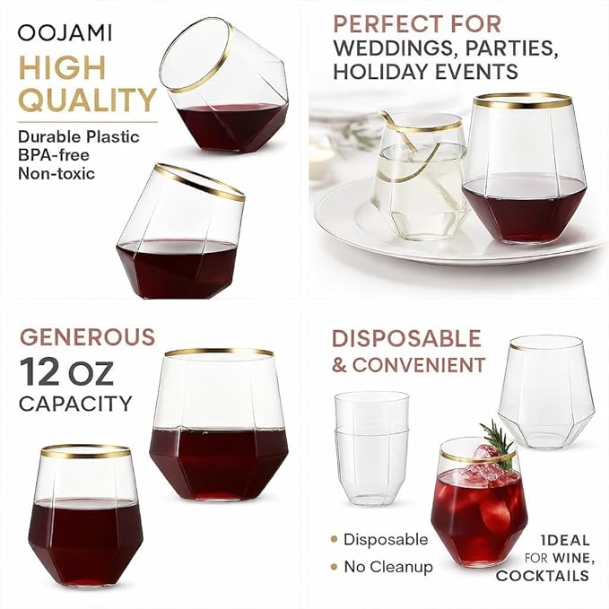 Oojami 40 count Diamond 12 Ounce Gold Rim Cups Unbreakable Stemless Plastic Wine Champagne Whiskey Glasses Elegant Durable Disposable Indoor Outdoor Ideal for Home, Office, Bars, Wedding (Gold)