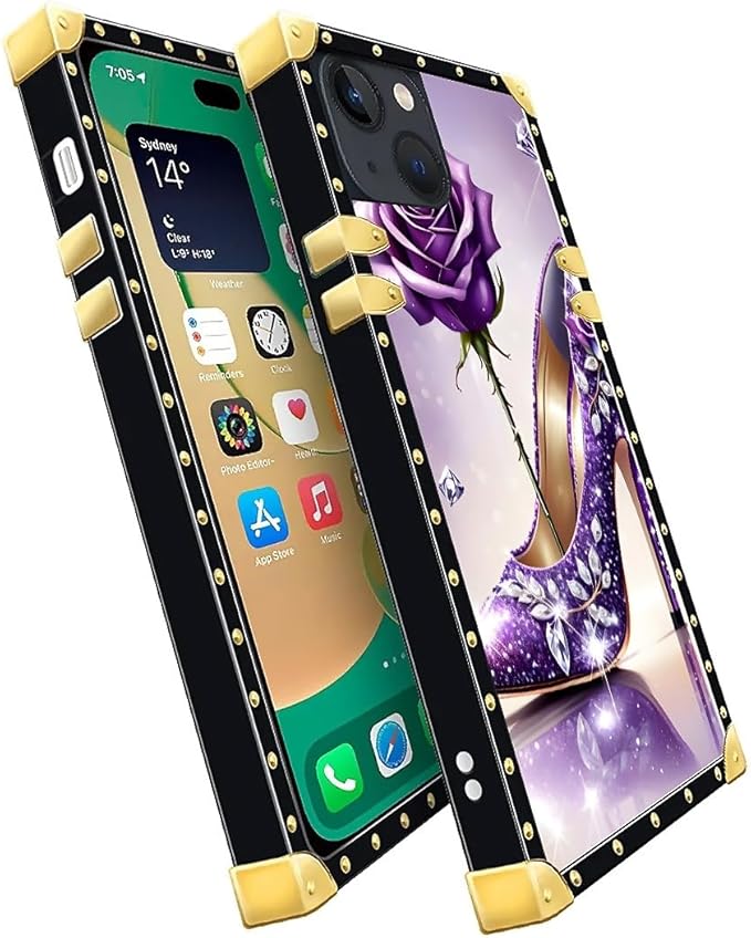 Compatible with iPhone 14 Case, High Heeled Purple Diamond Rose Luxury Golden Decoration for Girl Women Soft TPU Shockproof Protective Hard PC Back for iPhone 14