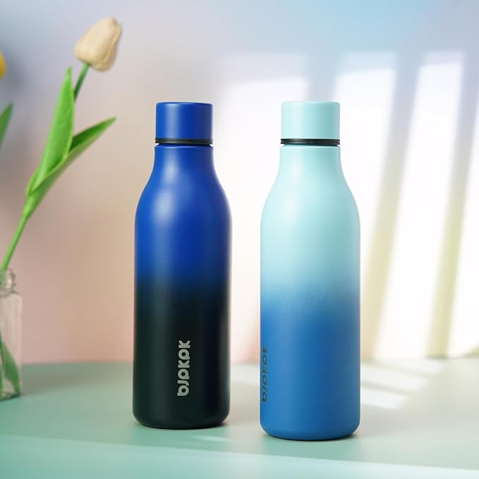BJPKPK Insulated Water Bottle, 18 oz Stainless Steel | Leak Proof | Blue Black | Pack of 2 | For Sports & Travel