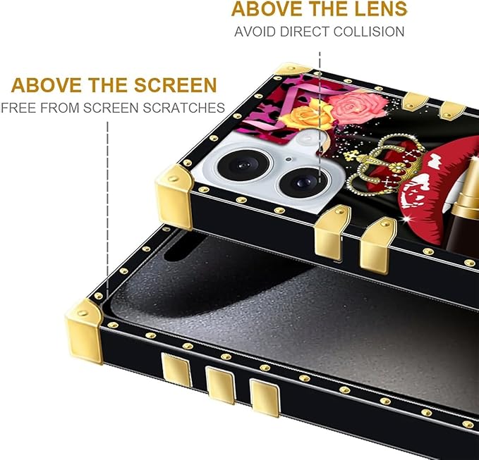Compatible with iPhone 16 Case, Queen Lip Crown Leopard Print Luxury Golden Decoration for Girl Women Soft TPU Shockproof Protective Hard PC Back for iPhone 16
