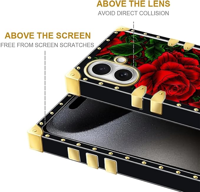for iPhone 17 Case Luxury Golden Decoration for Girl Women Soft TPU Shockproof Protective Hard PC Back for iPhone 17 Crazy Pattern Vector Red Rose Green Leaf