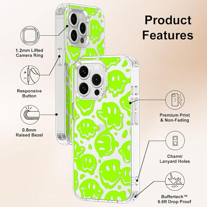MOSNOVO Case for iPhone 13 Pro, [Buffertech 6.6ft Military-Grade Drop Protection] [Anti Peel Off Tech] Clear TPU Bumper Phone Case Cover Design - Distorted Green Smiles Face