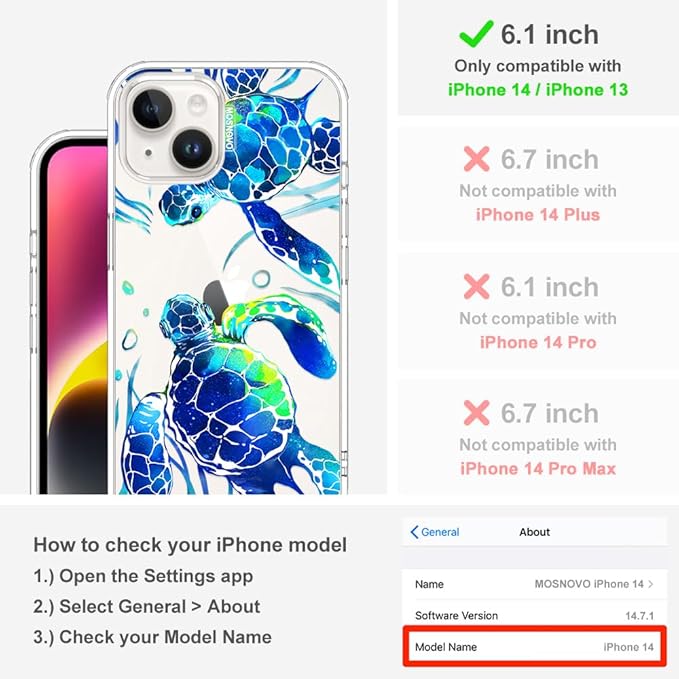 MOSNOVO for iPhone 13/14 Case | Military Grade 6.6ft Drop Tested | Clear with Sea Turtles Design