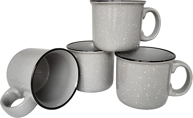 14oz Ceramic Campfire Coffee Mug (Set of 4), Gray with Speckled Finish - Durable Thick Walled Camping Style Cup for Outdoors or Home