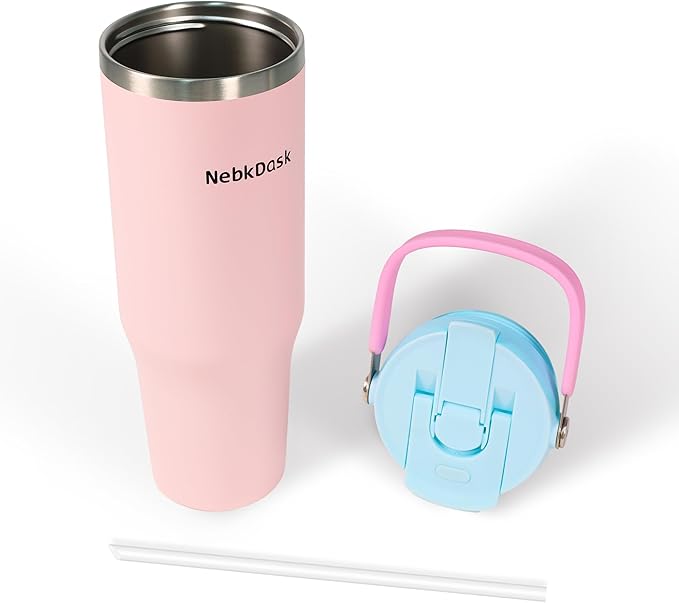 40 oz Insulated Stainless Steel Bottle with 2-in-1 Straw and Spout Lid, Water Bottle with Carry Handle Keep Cold 24H, Leak-Proof, Fits in Car Cup Holder, Travel, and School（Pink）
