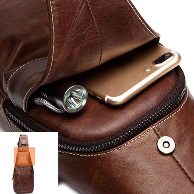 Hebetag Leather Sling Bag Backpack for Men Women Travel Outdoor Sports Camping Casual Crossbody Shoulder Chest Day Pack Backpacks Brown