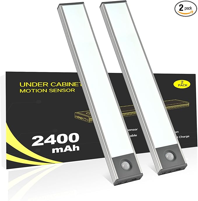 Under Cabinet Lighting, 2400mAh Motion Sensor Light Indoor, 160lm Rechargeable-Battery-Operated Closet Light, Magnetic Under Counter Lights for Kitchen, Stair, Drawer, Safe(7.8in, Cool White, 2 Pack)