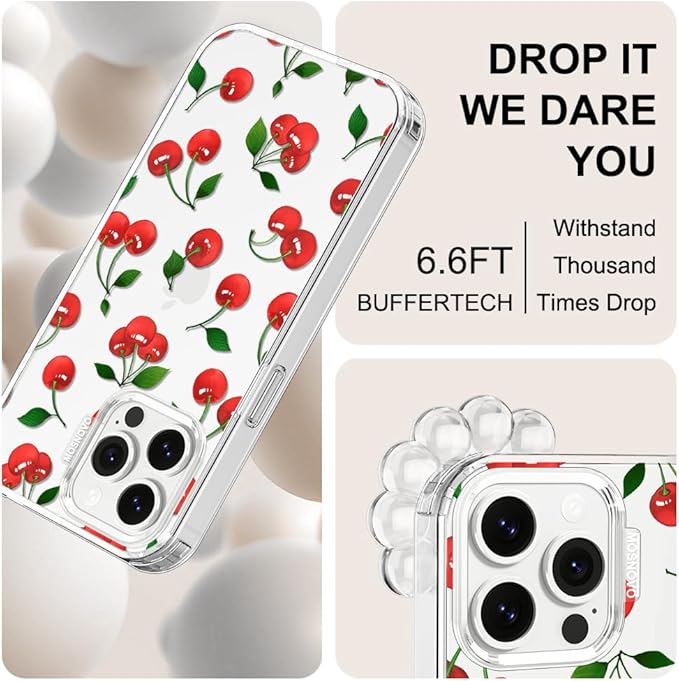 MOSNOVO Case for iPhone 13 Pro Max, [Buffertech 6.6ft Military-Grade Drop Protection] [Anti Peel Off Tech] Clear TPU Bumper Phone Case Cover Design - Cute Cherry