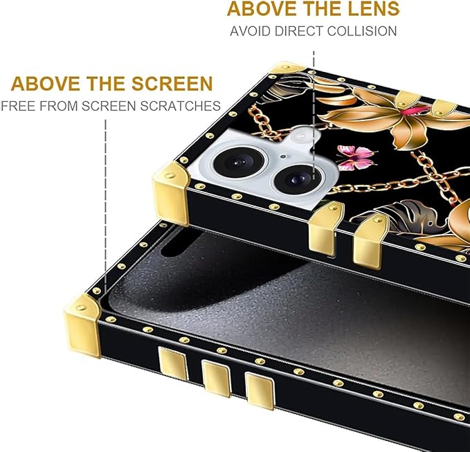 Compatible with iPhone 16 Case, Pink Golden Chain Tropical Flower Luxury Golden Decoration for Girl Women Soft TPU Shockproof Protective Hard PC Back