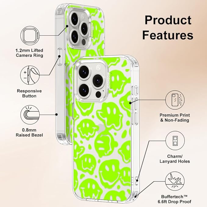 MOSNOVO Case for iPhone 15 Pro, [Buffertech 6.6ft Military-Grade Drop Protection] [Anti Peel Off Tech] Clear TPU Bumper Phone Case Cover Design - Distorted Green Smiles Face
