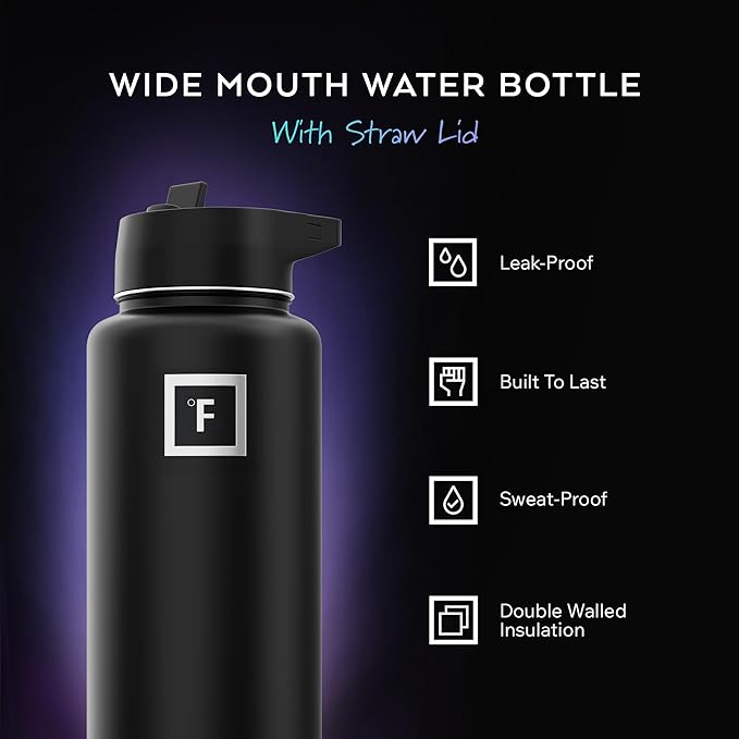 IRON °FLASK Camping & Hiking Hydration Flask with Straw, Wide Mouth Insulated Stainless Steel Sports Water Bottle - Dark Night 32 oz - Straw (1 Lid)