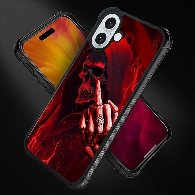 for iPhone 16 Plus Case, Gestures Funny Skull Pattern Graphic Design Girl Boy Soft Silicone Hard Acrylic Shock Protection for iPhone 16 Plus