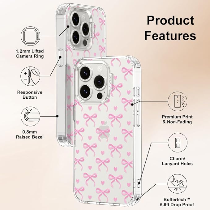 MOSNOVO Case for iPhone 15 Pro, [Buffertech 6.6ft Military-Grade Drop Protection] [Anti Peel Off Tech] Clear TPU Bumper Phone Case Cover Design - Bowtiful Love