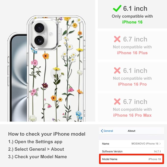 MOSNOVO Case for iPhone 16, [Buffertech 6.6ft Military-Grade Drop Protection] [Anti Peel Off Tech] Clear TPU Bumper Phone Case Cover Design - Wildflowers