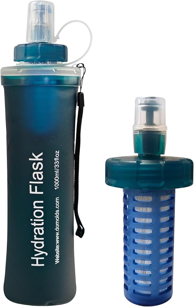1L Soft Flask Water Bottle, Foldable Water Bottle with Filter, Perfect for Hiking, Backpacking, and Camping - Dark Green