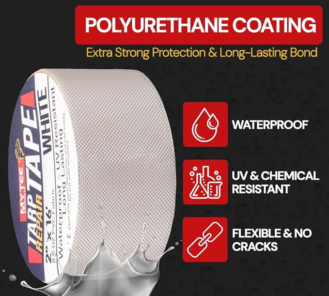 Mytee Products 2" x16' White Vinyl Tarp Repair Tape Kit – Heavy Duty 8.8oz Peel & Stick Waterproof Patch for Canvas, Tent, Awning, Boat Cover, RV & Truck Tarps, UV Resistant