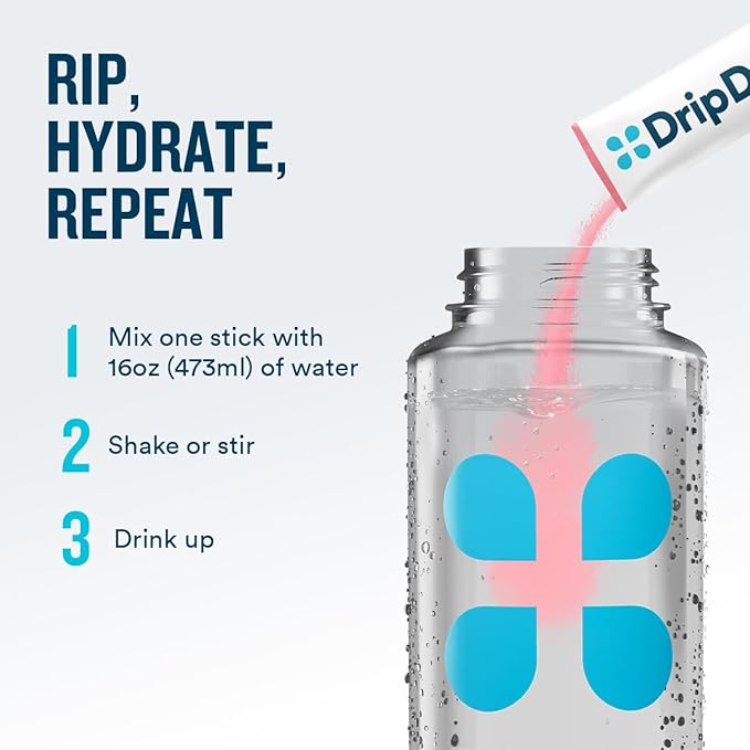 DripDrop Zero Sugar Plus - Sugar Free Hydration Packets - Single Serve Electrolytes Powder Drink Mix - Strawberry Kiwi, Peach, Cherry Limeade, Wild Berry - Non-GMO, Vegan - 8 Sticks
