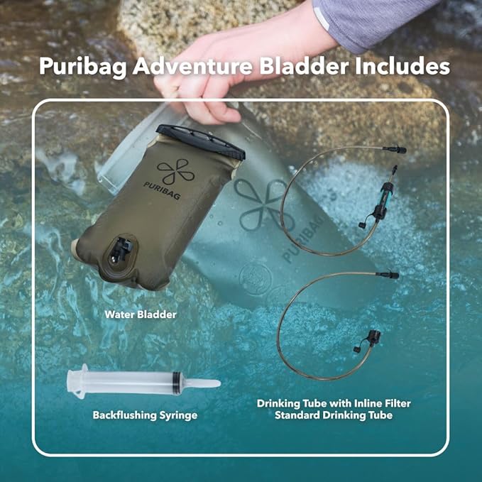 Puribag Adventure Bladder: 2 Liter Hydration Bladder with Filter - Replacement Backpack Water System Compatible with Other Daypack Hydration Systems, Water Bladder for Backpacking, Hiking & Biking