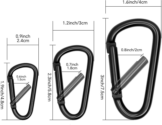 Black Carabiner Clip, Includes Mini 2 Inch Carbineers, Small 2.3" D Ring Clip, Large 3 Inch Carabiner Heavy Duty, Aluminum Caribiner Keychain Hook for Backpack Hiking Camping
