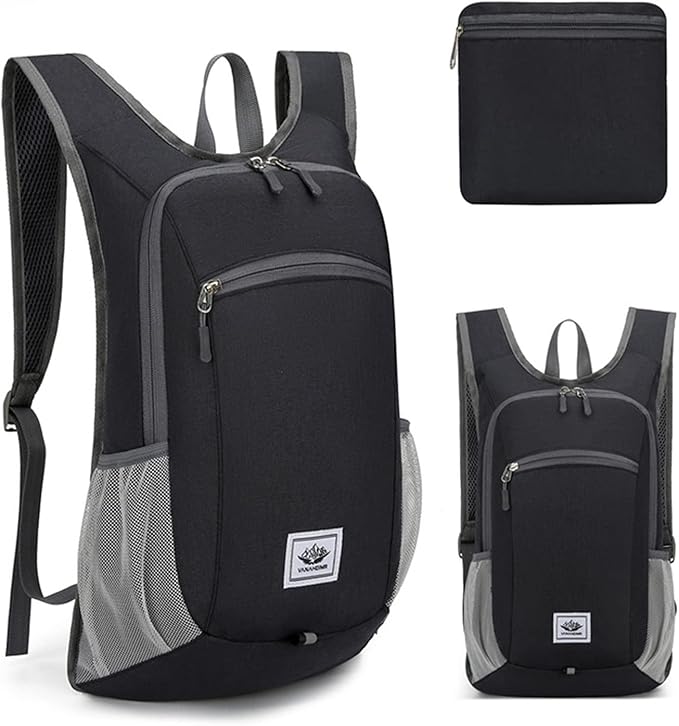 DOJUNS Hiking Backpack 15L Small Travel Backpack Lightweight Foldable Daypack Packable Camping Backpacks for Women Men (Black)