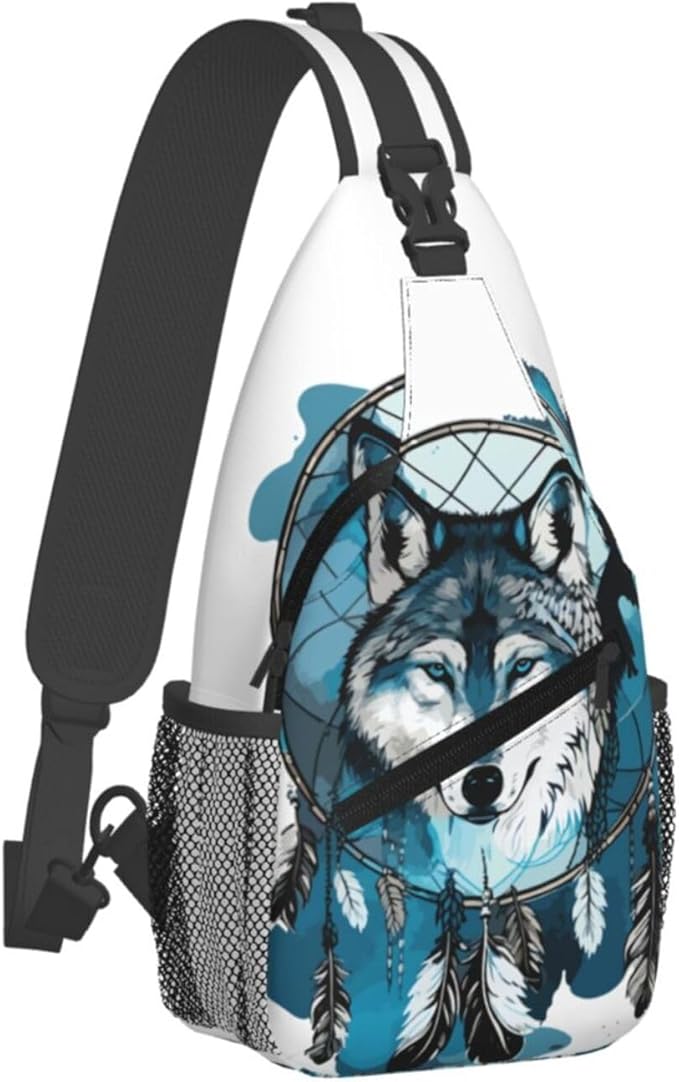 Native Wolf And Deam Catcher Sling Bag For Women Men Fashion Wolf Print Backpack Crossbody Shoulder Bag Sling Backpack Chest Bag Travel Hiking Casual Sport Daypack