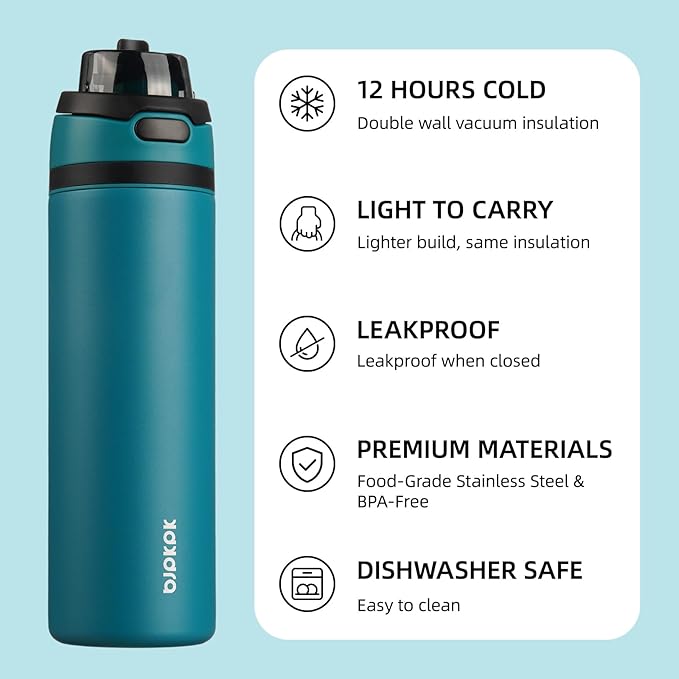 BJPKPK 25oz Insulated Water Bottle with 2-1 Straw Spout Lid, Stainless Steel Metal Water Bottles with Carry Handle, BPA Free, Leak-Proof, Fits in Car Cup Holder, Thermo for Sports,Ocean Blue