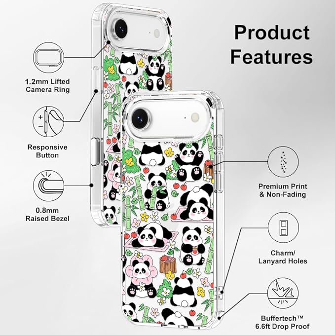 MOSNOVO for iPhone Air Case, Shockproof Military-Grade Protection 6.6ft Drop Tested, Camera Control, Clear Phone Case for iPhone 17 Air, Kawaii Panda Garden Design