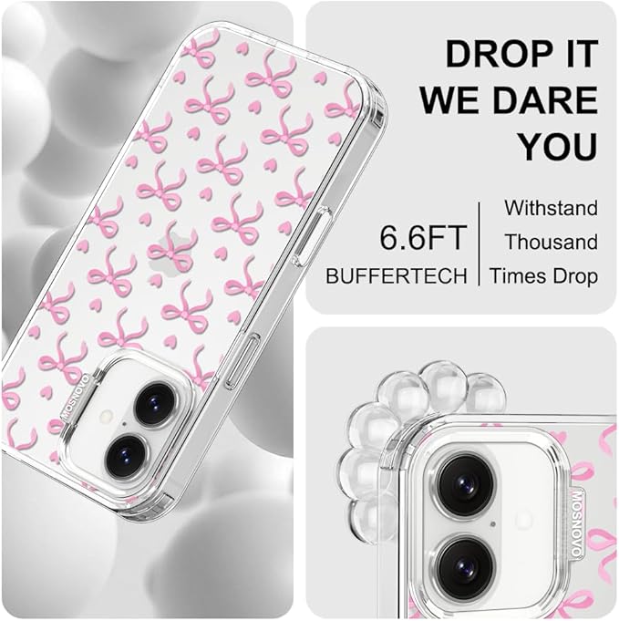 MOSNOVO for iPhone 17 Case | Military Grade 6.6ft Drop Tested | Camera Control | Clear with Bowtiful Love Design