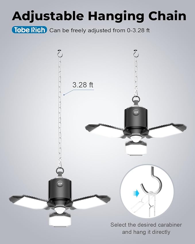 toberich 4 Pack Plug in Motion Sensor Garage Light - 8000LM Shop Light with 3 Modes, 3 Deformable LED Panels, 6500K Indoor Motion Sensor Light Bulb for Garage, Laundry Room, Basement